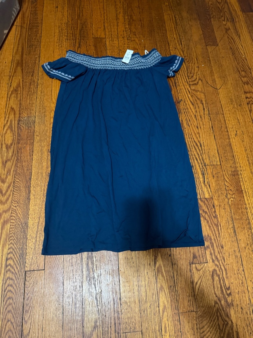 Ann Taylor Factory Navy Off-Shoulder Embroidered Trim Dress